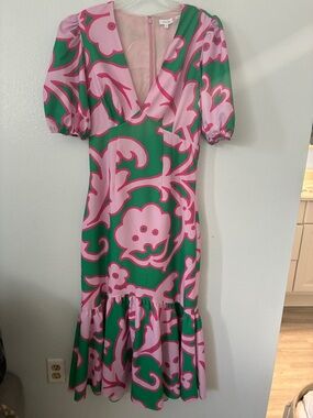 RHODE Pink & Green Floral Midi Dress with Ruffle Hem